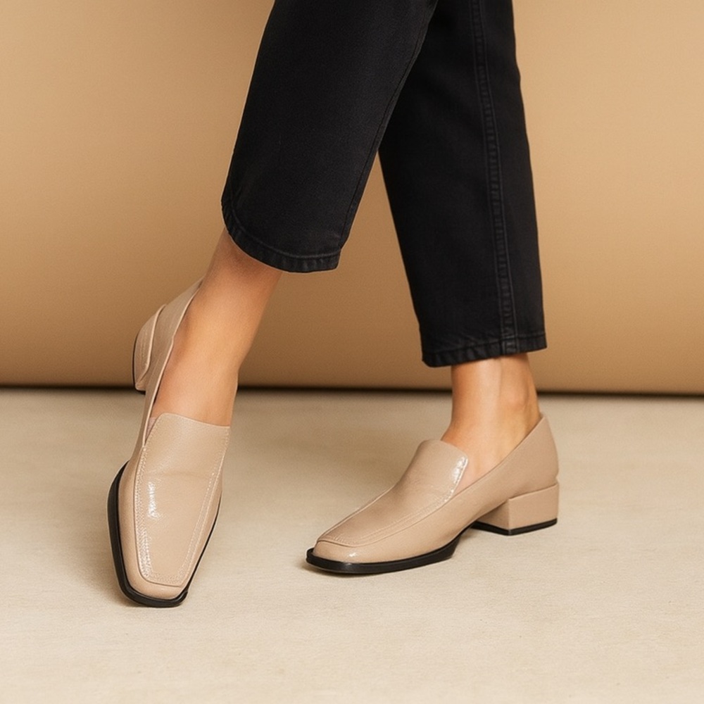 Zara Taupe Patent Loafers Women’s Square Toe Low Heel Slip On Shoes Size 6.5 US - Picture 1 of 16